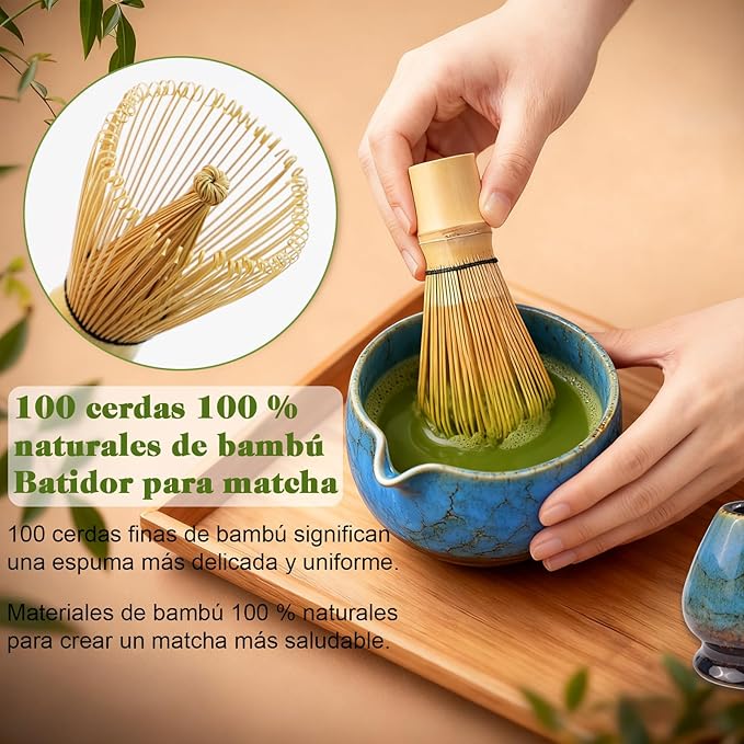 HEYMKGO Matcha Whisk Set 8 Pcs, Sapphire Blue Matcha Bowl with Spout, Bamboo Whisk & Holder, Scoop, Scoop Rest, Sifter, Bamboo Spoon & Tea Towel - Traditional Japanese Matcha Tea Ceremony Kit