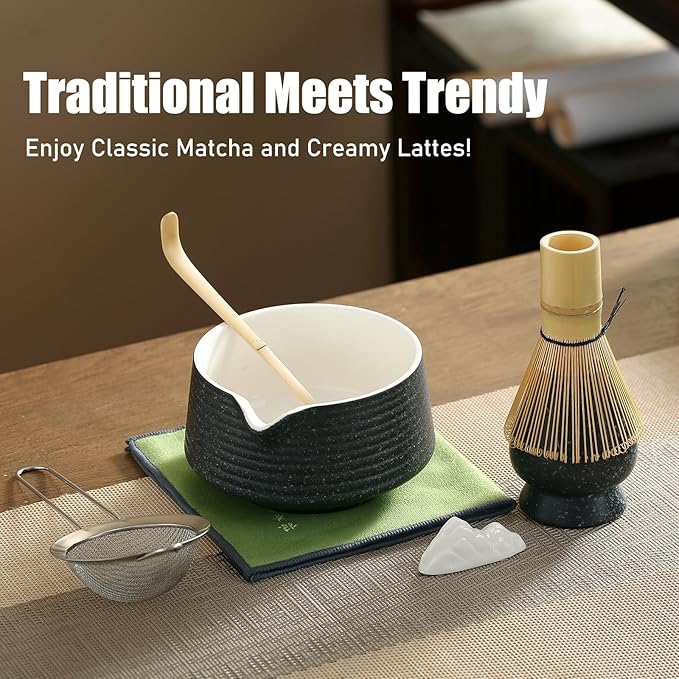 Matcha Whisk Set, Ceramic Matcha Bowl with Spout, Bamboo Whisk, Scoop, Holder, Sifter, Tea Towel, 7-Piece Matcha Kit for Making Breakfast/Latte