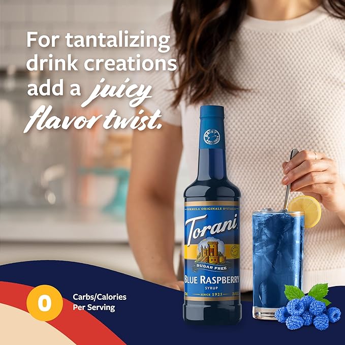 Torani Sugar Free Syrup, Blue Raspberry, Zero-Calorie Flavoring for Drinks, Pump Included, 25.4 Oz