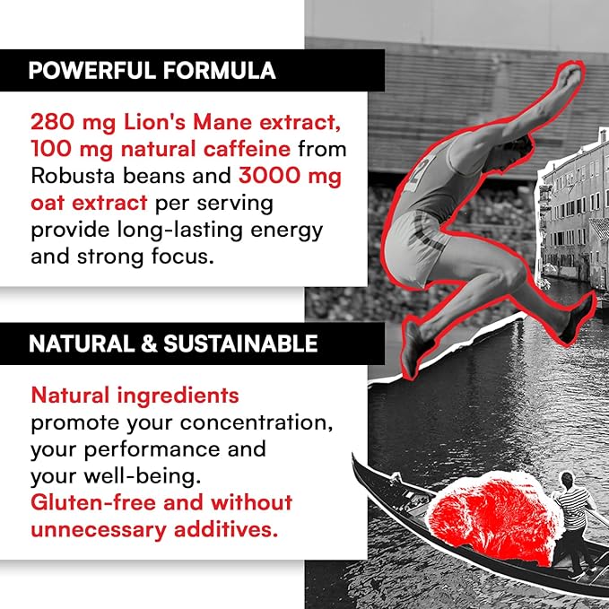 Sustained Energy Boost (11 servings) - Instant Coffee - Mushroom Coffee with Lion's Mane, Vitamins & Minerals - Superfood Cappuccino by Superitalia - official partner of Hyrox - Made in Italy