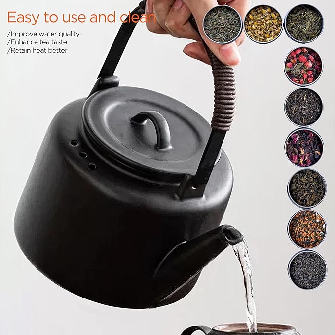 Small Stove Safe Ceramic Teapot with Cold Touch Curved Handle (27oz) - Hand-Glazed Finish - Suitable for Boiling Water and a Variety of Teas and Herbs - Matte Black