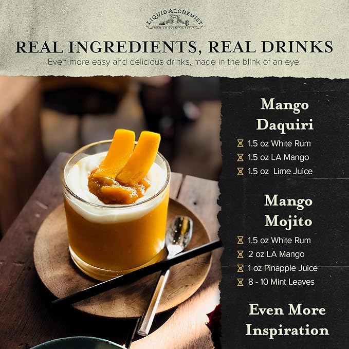 Liquid Alchemist Mango Syrup for Drinks - Real Ingredients Make our Mango Puree for Cocktails the Perfect Margarita Mix - Our Tropical Cocktail Syrup are Small Batch, Non-GMO & Vegan (25.4 oz)
