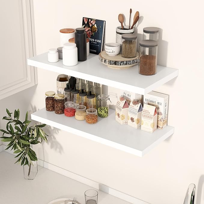 Dreamland 30" Floating Shelves for Wall, 12" Deep Slim White Floating Shelves, Wall-Mounted Shelves for Bedroom, Living Room, Kitchen, Bathroom - Set of 2