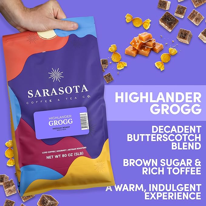 Sarasota Coffee Whole Bean Highlander Grogg | Medium Roast Gourmet Flavored Coffee Beans | Low Acid, Mold Free, Specialty Grade Flavored Bulk Beans | 5lb (80 oz)