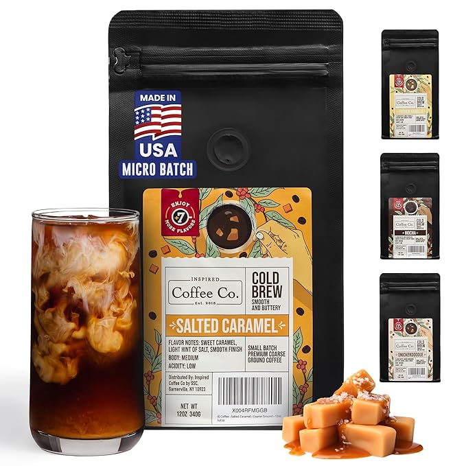 Inspired Coffee Co Cold Brew Coffee - Salted Caramel Flavored - Coarse Ground Beans For Perfect Medium Roast Low Acid Smoother Taste - 100% Arabica Grounds 12 oz. brew Resealable Bag