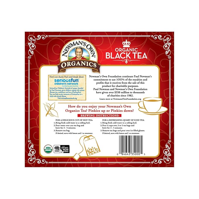 Newman's Own Organic Black Tea Helps Boost Immunity and Promotes Overall Wellbeing Strong Robust Black Tea with 100 Individually Wrapped Tea Bags Per Box (Pack of 5) USDA Certified Contains Caffeine Brew Hot/Cold