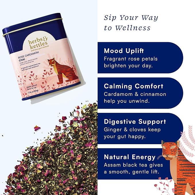 Herbs & Kettles Rose Cardamom Chai | Assam Black Tea with Rose Petals, Green Cardamom, Ginger, Cinnamon & Cloves | Floral Loose Leaf Blend | Makes 10–14 Servings | Premium Gift for Tea Lovers
