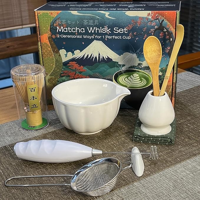 Matcha Whisk Set Incl. Ceramic Bowl With Spout, Whisk (Chasen), Stand, Bamboo Scoop, Sifter, Electric Frother, Tea Towel etc. 9 Pcs Matcha Making Starter Kit, White