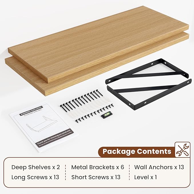 Deep Wall Shelves 36"W x 12"D Engineered Wood Floating Shelves for Wall, Sturdy Metal Bracket Bookshelves Home Decor Storage for Living Room Bedroom Bathroom Kitchen, Set of 2, Oak Finish