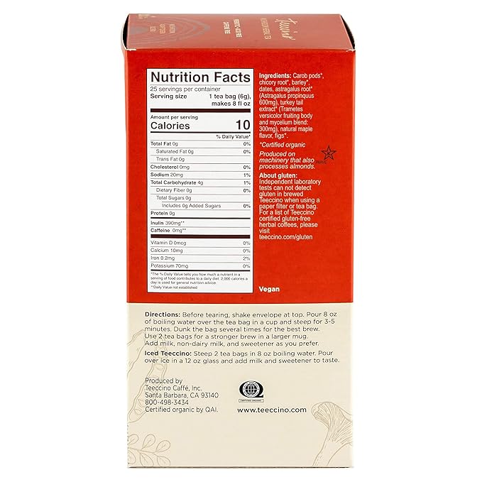 Teeccino Mushroom Herbal Tea - Turkey Tail Astragalus Toasted Maple - Caffeine Free, Prebiotic, 3x More Herbs - 25 Tea Bags, Pack of 3