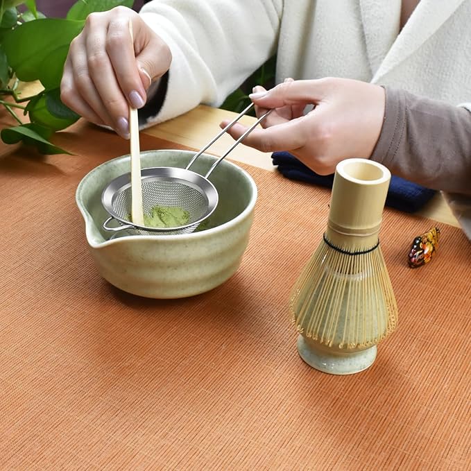 Artcome 7-Piece Matcha Tea Set - Complete Japanese Ceremony Kit with Bowl, Whisk, Scoop, Strainer & Guide, Mottled Light Green