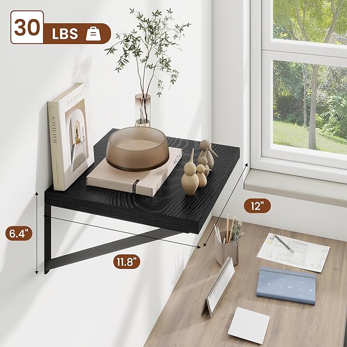 Deep Wall Shelves 12"W x 12"D Engineered Wood Floating Shelves for Wall, Sturdy Metal Bracket Bookshelves Home Decor Storage for Living Room Bedroom Bathroom Kitchen, Set of 2, Black Finish