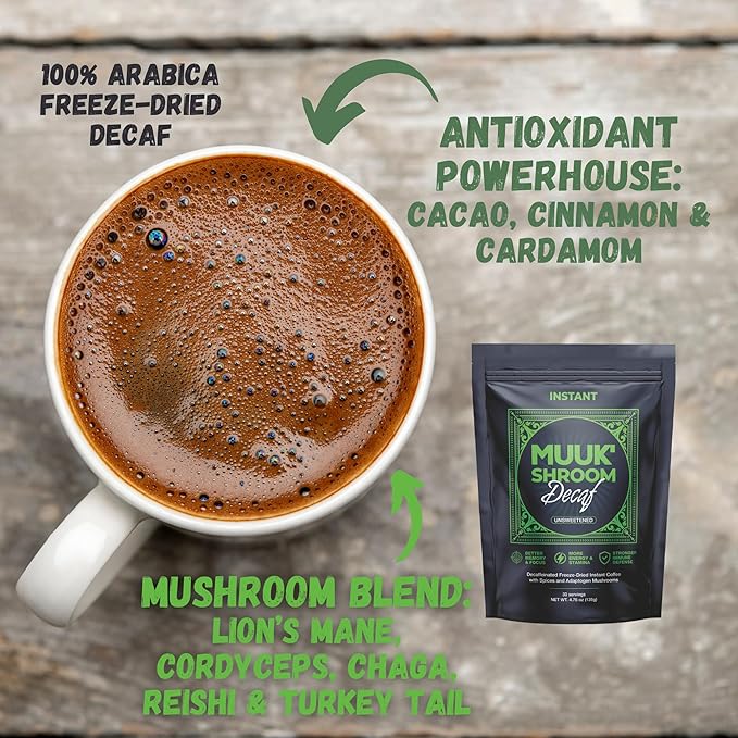 MUUK' SPICED DECAF | Decaffeinated Mushroom Coffee | Cacao, Cinnamon & Cardamom | Adaptogen Mushroom Blend | Better Focus, More Energy and Stronger Immune Defense | 4.7oz (135g) 30 Servings