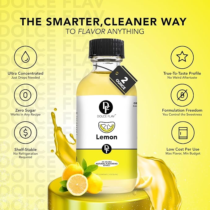 Dolce Flav Natural Lemon Extract – 8 Ounce Oil-Soluble Kosher, Sugar-Free, Concentrated Fresh Citrus Lemon Flavor for Baking, Chocolates & Desserts