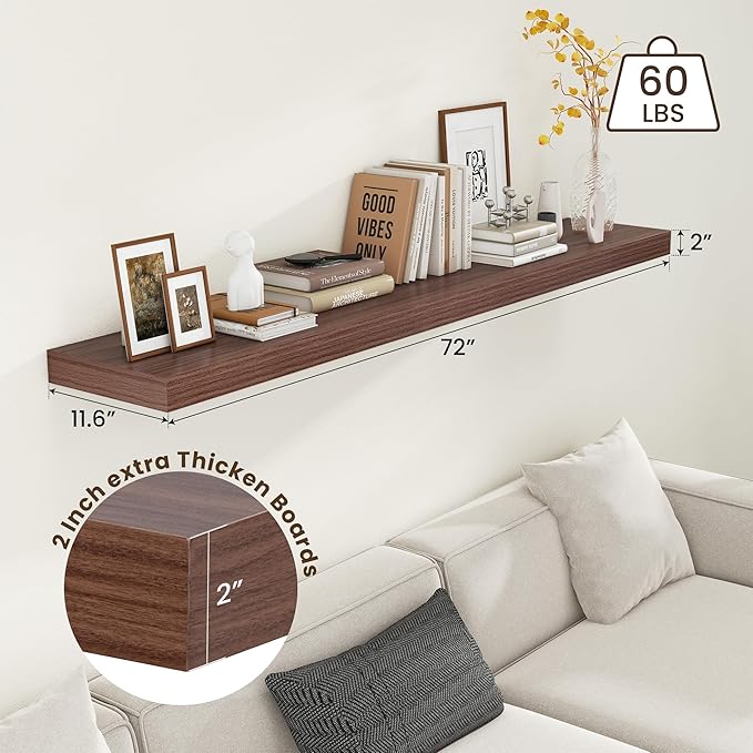 72 Inch Walnut Floating Shelf | 12 Inch Deep Floating Shelves Set of 1 | 72" D x 12" D Rustic Wood Shelves for Wall | Deep Walnut Shelves for Living Room Bathroom Laundry Room Kitchen