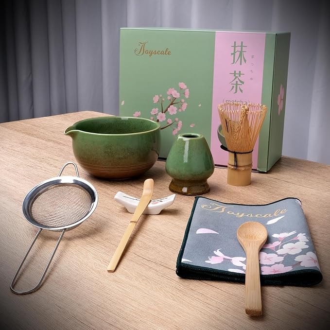Joyscale Matcha Whisk Set, Matcha Set Whisk And Bowl, 8 Pcs Matcha Kit Set(Ancient Kiln Design), 14 OZ, Japanese Matcha Tea Set, Matcha Making Kit Gifts for Tea Lovers(Green)