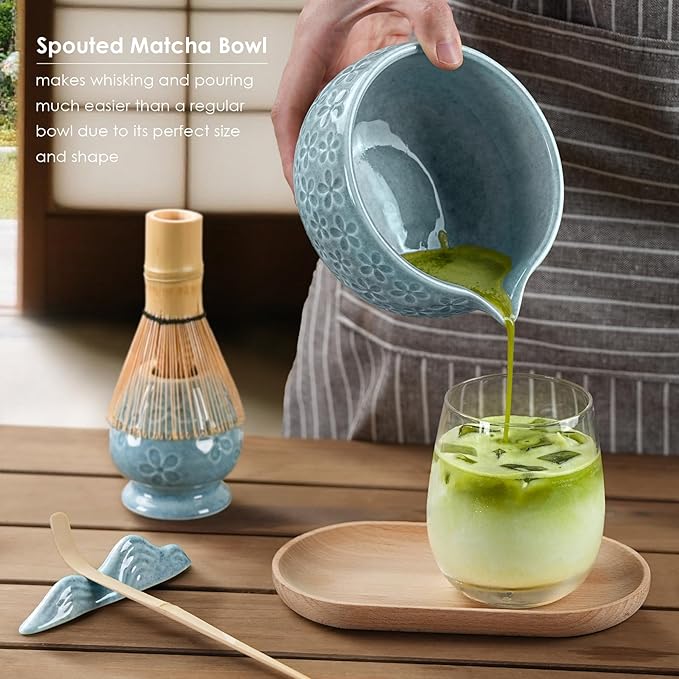 7Pcs Matcha Whisk Set, Ceramic Matcha Bowl with Spout, Bamboo Whisk and Holder,Bamboo Scoop,Scoop Rest,Sifter,Tea Towel, Matcha Kit with Cherry Blossom Carved Patterns for Matcha Lovers (Sakura Blue)