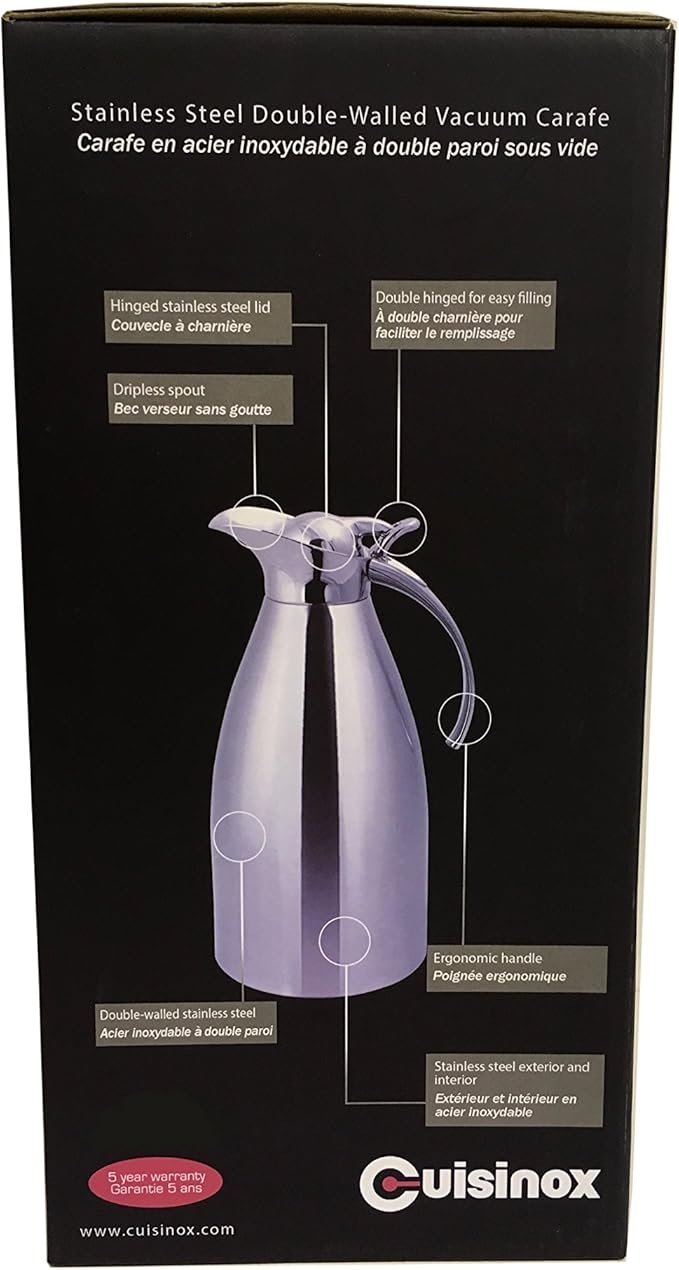 Cuisinox Stainless Steel Thermal Coffee Carafe, Vacuum Insulated for Hot or Cold Beverages, 2 Liters 11" High