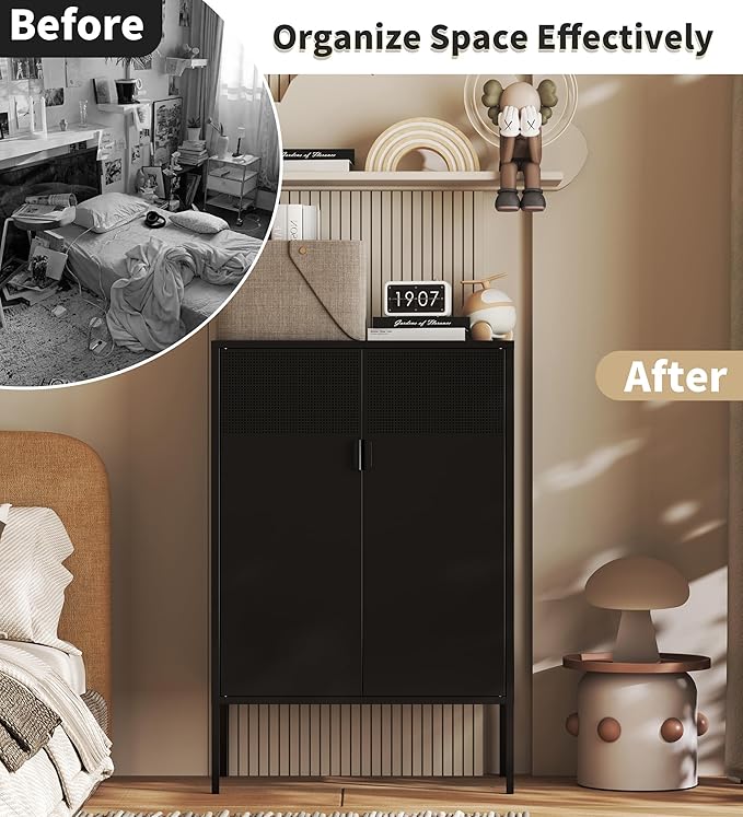 Black Metal Storage Cabinet with 2 Doors - 47''H Locker Cabinet, 3 Tier Locker with Adjustable Shelves,Office Storage Locker for Office, Home, Living Room, Kitchen