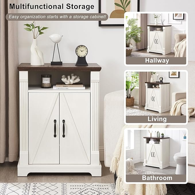 24" Farmhouse Storage Cabinet – Antique White Freestanding Buffet Sideboard with Barn Doors, Adjustable Shelf, Small Coffee Bar for Kitchen, Bathroom & Living Room