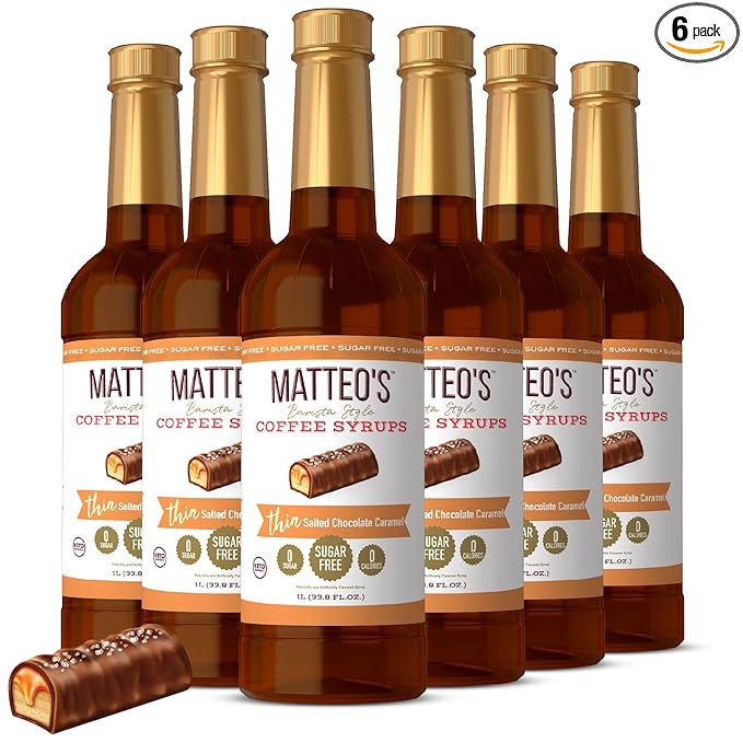 Matteo's Salted Chocolate Caramel Syrup for Coffee, Lattes, Cappuccinos & Desserts – Sugar-Free Sweetener for Beverages, Keto Friendly, Zero Calories, Indulgent Flavor, Non-Alcoholic, 33.8oz (6pk)