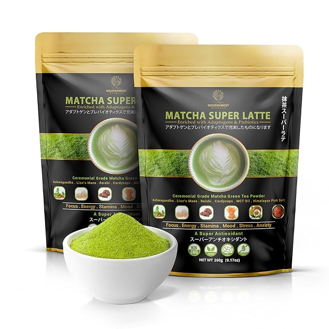 Nourishment Rituals Authentic Matcha Super Latte Ashwagandha Lion's Mane Reishi Cordyceps Made with Ceremonial Grade Organic Matcha Green Tea Powder Net weight 260g (2-Pack)