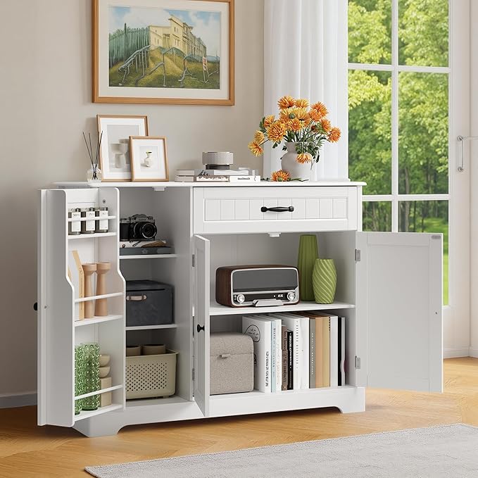 Ahomly Buffet Cabinet with Storage - 42'' Large Kitchen Storage with Shelves and Doors, Modern Coffee Bar Cabinet for Kitchen, Dining Room, Living Room, White