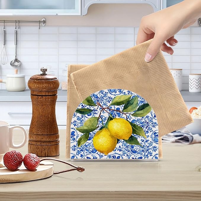 Lemon Tile Blue Napkin Holder for Table Paper Cocktail Napkin Holders for Kitchen Dinning Acrylic Dinner Napkin Dispenser for Dinner Home Decor Bar 2 Pack