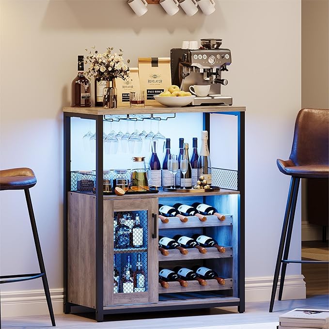 GarveeHome 3-Tier Wine Bar Cabinet with LED Lights & Wine Rack, Liquor Cabinet with Storage, Coffee Bar Cabinet with Glass Holder & Mesh Door, Sideboard Buffet Bar for Living Room, Dining Room, Grey