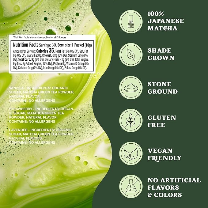 The Harmony Matcha Variety Pack (30 Sticks) Premium Japanese Matcha Powder, Lavender, Strawberry, Vanilla, Rich in Antioxidants & L-Theanine, Sweetened with Organic Sugar, No Preservatives