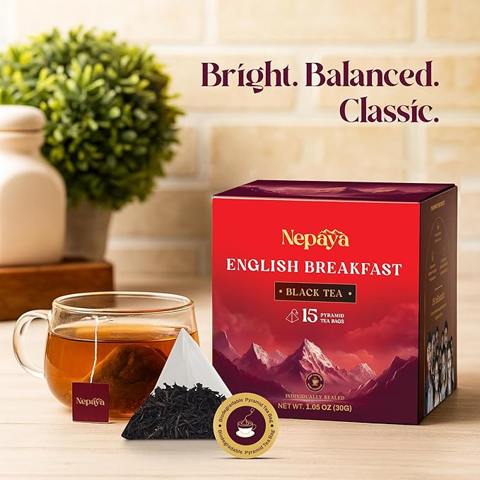 Nepaya English Breakfast Black Tea – 15 Pyramid Tea Bags, Strong & Robust, High Caffeine, Biodegradable, Himalayan Whole-Leaf Breakfast Tea