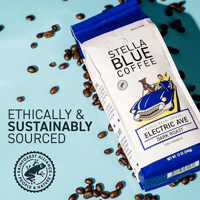 Stella Blue Whole Bean Coffee, Electric Avenue Blend, Dark Roast, Toffee Dark Chocolate, Smoky Notes, 100% Arabica Beans, Ethically Sourced from Central and South America, Smooth Balanced, 12oz Bag