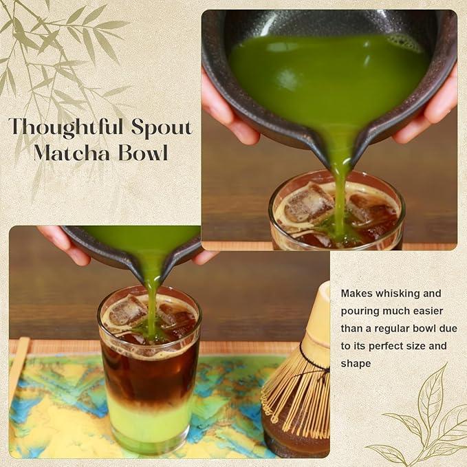 4 PCS Matcha Whisk Set, Matcha Kit Includes Ceramic Matcha Bowl with Spout, Bamboo Whisk, Bamboo Scoop and Ceramic Holder for Tea Matcha Lover, Gilded
