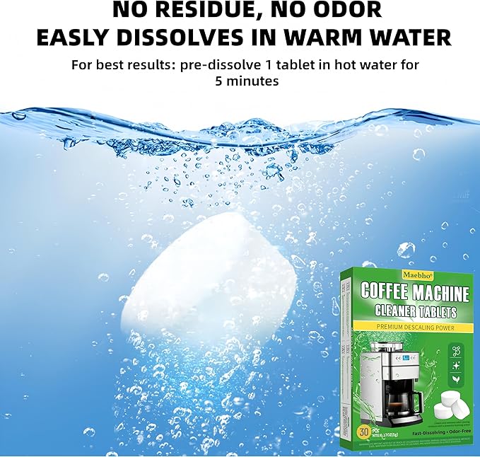 Coffee Machine Cleaning Descaling Tablets, 30 Count Fast Dissolving, Odor Free, Residue Free Formula for Hard Water, Limescale Coffee Oils Universal for Pod, Espresso Drip Brewers