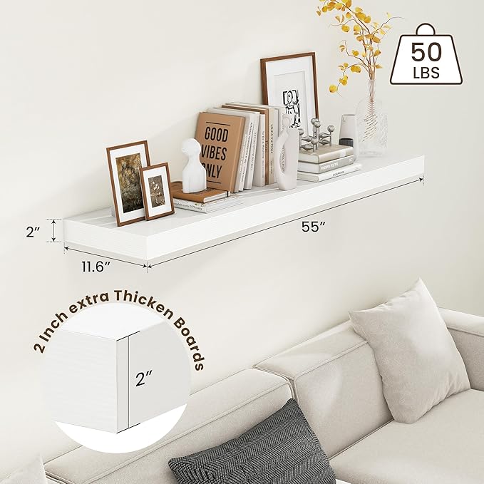 12 Inch Deep Floating Shelves | 55 Inch White Floating Shelves | 55" W x 12" D Rustic Wood Shelves for Wall | Deep White Shelves for Living Room Bathroom Laundry Room Kitchen