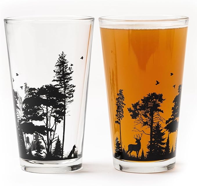 Pint Glasses by Black Lantern - Forest Animal Landscape Pint Glasses Set - 2 16oz. Beer Glasses