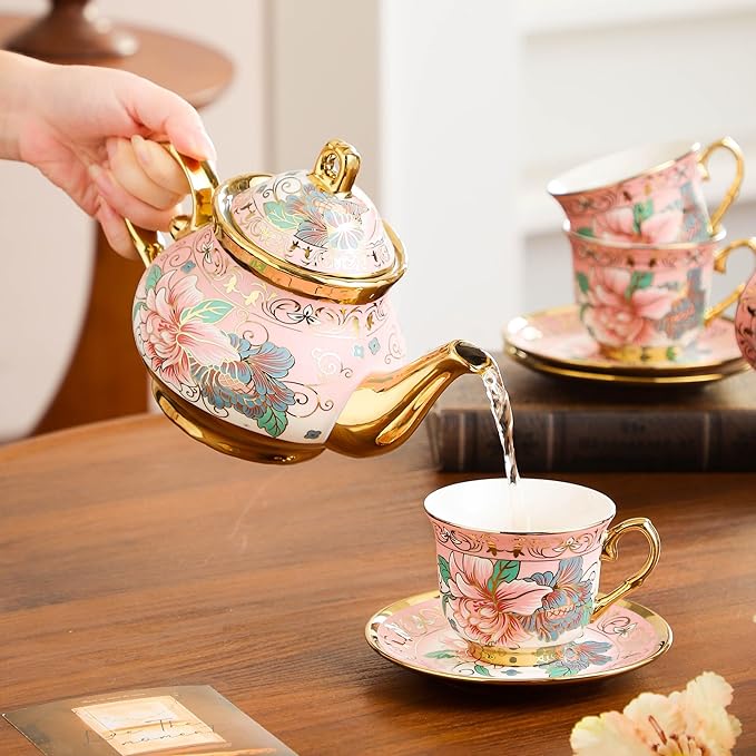 20 Pieces Porcelain Tea Set With Metal Holder, European Ceramic tea set for adults,Flower Tea Set,Tea Set For Women With Flower Painting (Large version, Pink)