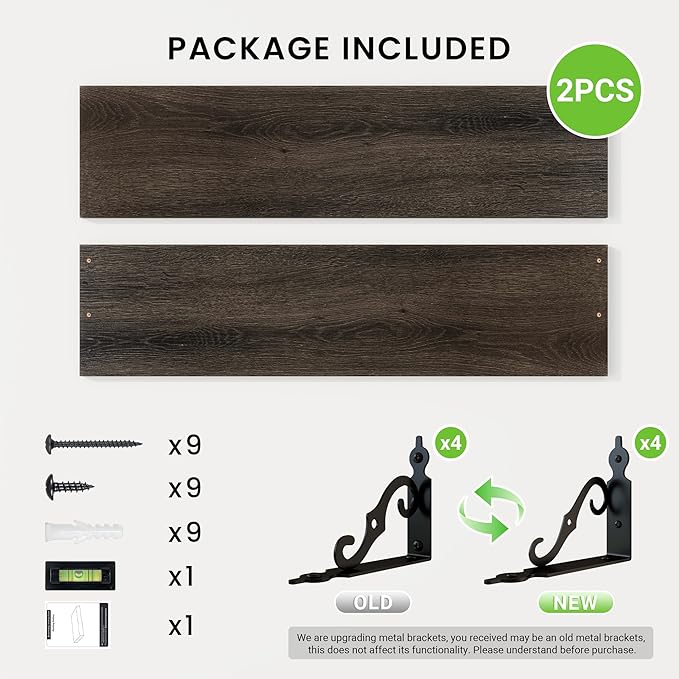 RICHFOCUS Floating Shelves for Wall Decor, 31.5W x 8D Shelves Set of 2, 8" Deep Rustic Wood Floating Shelves Wall Mounted with Metal Brackets, Shelves for Living Room Bedroom Kitchen, Black
