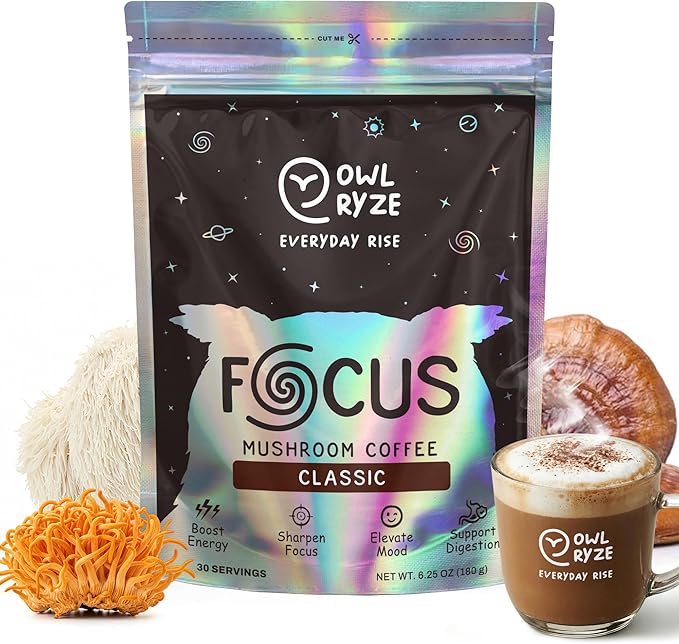 OwlRyze Mushroom Coffee Focus Classic with 6 Adaptogenic Mushrooms, MCT Oil, Premium Instant Coffee for Better Energy, Focus, Digestion, Immunity with Lions Mane & Turkey Tail, 30 servings