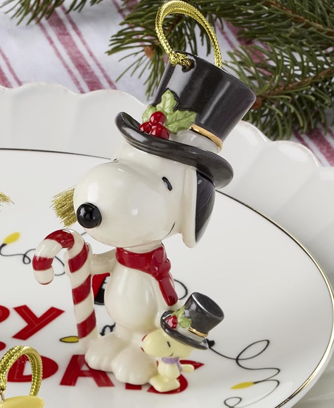 Lenox Ornaments, Snoopy & Woodstock with Candy Cane Ornament, Porcelain Material, Gold Cord for Tree Decoration, Christmas Decorations, Christmas Ornaments, Snoopy Design, Winter Decor (1 Piece)