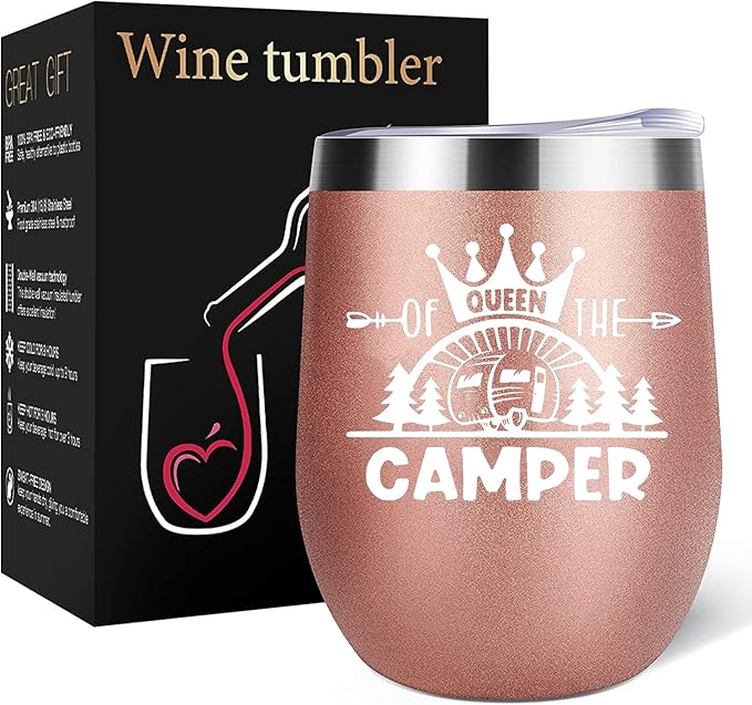 Queen Of The Camper Wine Tumbler, Happy Camper Gifts 12oz Cup, Gifts For Camping lover Outdoors, RV Hiking Camping Coffee Mugs, Camper Lover Couples Glass for Women