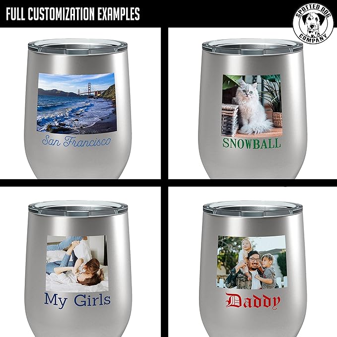 Personalized 12oz (17 Colors) Photo Picture Printed Insulated Stainless Powder Coated Stemless Wine Tumbler with Lid, Customized Gift Idea Women Her, Custom Coach Gifts Team Mom Dad (Stainless Steel)
