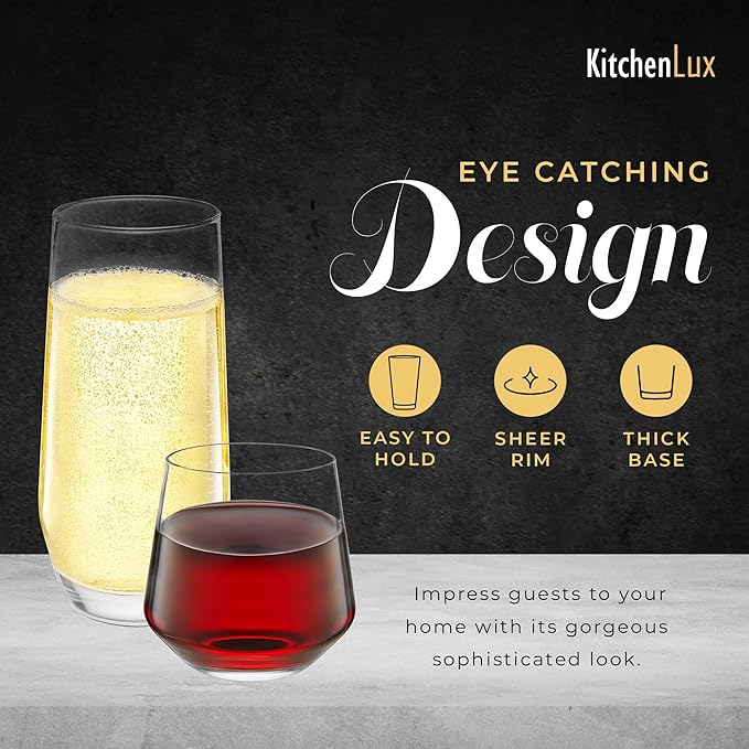 Short & Tall Drinking Glasses Set of 8 - 4 Tall Water Glasses and 4 Short Small Glass Cups Set - Elegant Glass Drinkware - Deluxe Glassware Sets for Highball Sparkling Cocktails, Wine, Beer, Whiskey
