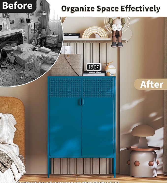 Blue Metal Storage Cabinet with 2 Doors - 47''H Locker Cabinet, 3 Tier Locker with Adjustable Shelves,Office Storage Locker for Office, Home, Living Room, Kitchen