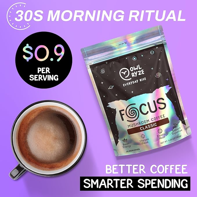 OwlRyze Mushroom Coffee Focus Classic with 6 Adaptogenic Mushrooms, MCT Oil, Premium Instant Coffee for Better Energy, Focus, Digestion, Immunity with Lions Mane & Turkey Tail, 30 servings
