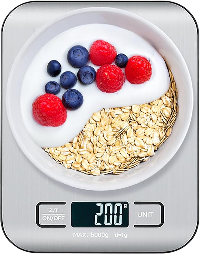 Digital Food Scale with 2 AAA Batteries Trnr-FDSCLE-SLV, Food Scale for Kitchen, Cooking Scale with Zero Tare Option, Kitchen Scale Weighs up to 11 Pounds, Measures in KG, G, LB, OZ, and ML