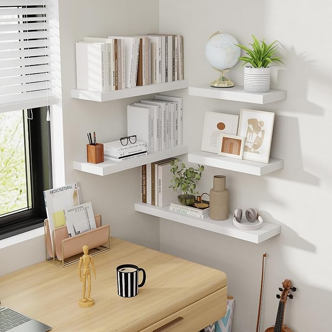 16 Inch Floating Shelves, 8 Inch Deep Floating Shelves for Wall, Hanging Shelf with Invisible Brackets, Deep Shelves for Bathroom, Bedroom, Living Room, White, Set of 2