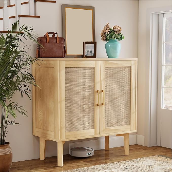 Bigroof Rattan Cabinet, Modern Accent Buffet Cabinet with Magnetic Doors, Sideboard Buffet for Hallway, Entryway, Living Room, or Kitchen (Natural)