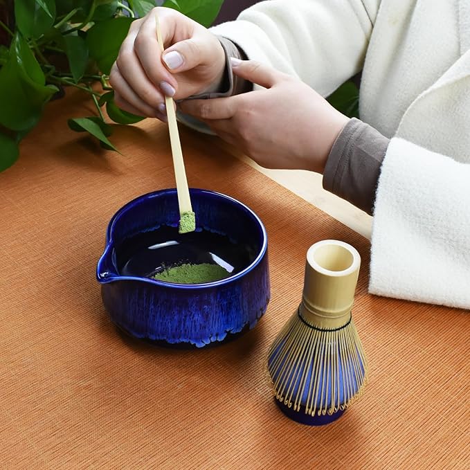 Artcome Matcha Tool Set - Complete Kit with Matcha Bowl with Spout, Bamboo Whisk, Tea Scoop & Whisk Holder, Glaze Blue