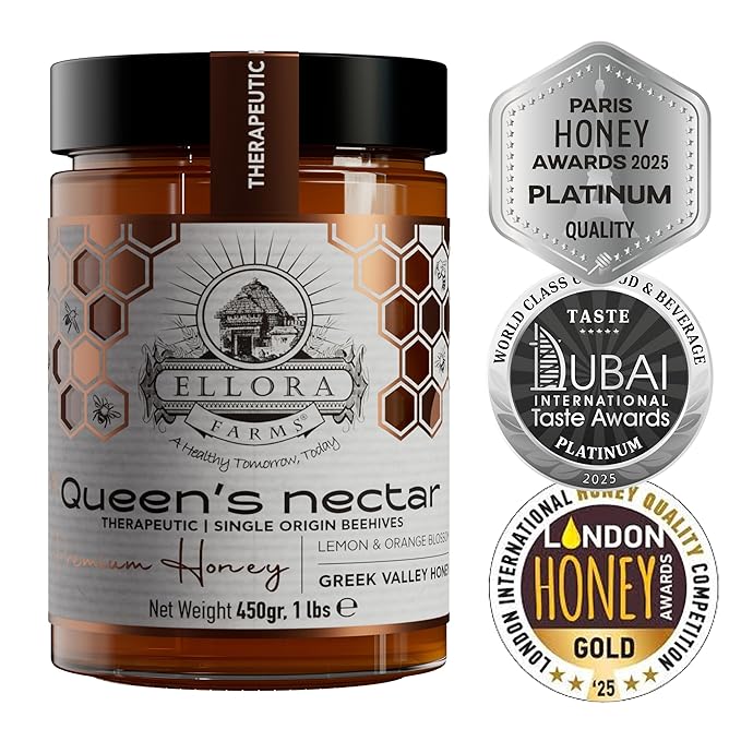 Ellora Farms Greek Honey, Lemon & Orange Blossom Raw Unpasteurized Honey, 2025 Paris Platinum Award, Non-GMO and Unpasteurized, Gift Pack with Dipper - 450g (16oz)